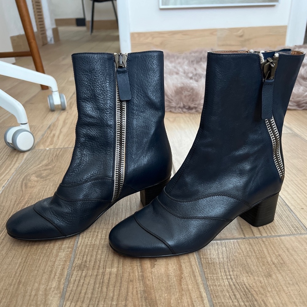 Chloe Navy Leather Double Zipper Ankle Boots Size 38